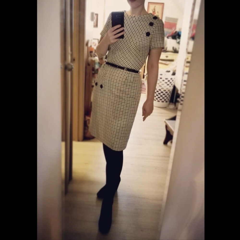 True Vintage 1960s Checkered Dress with Black Accents & Pocket